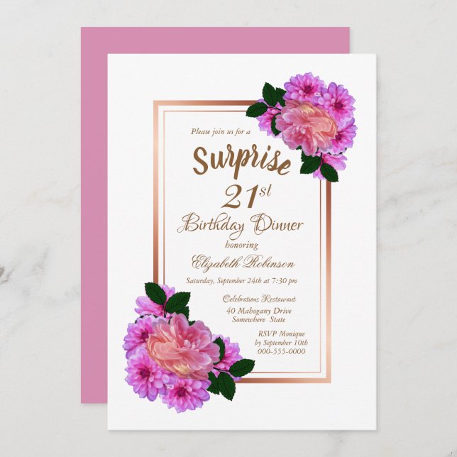 Pink Floral Gold Surprise 21st Birthday Dinner Invitation (Front/Back)