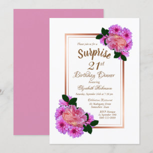 Pink Floral Gold Surprise 21st Birthday Dinner Invitation