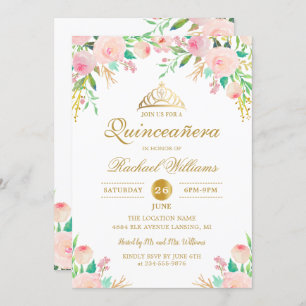 Pink Floral Gold Tiara Quinceañera 15th Birthday Invitation