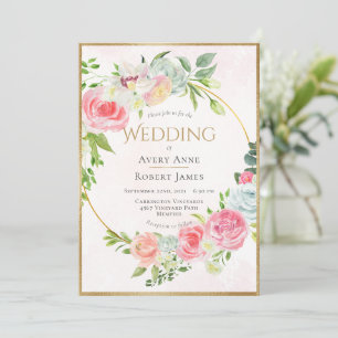 Pink Floral Gold Watercolor Wedding Invitation
