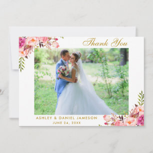 Pink Floral Gold Wedding Photo Thank You Card