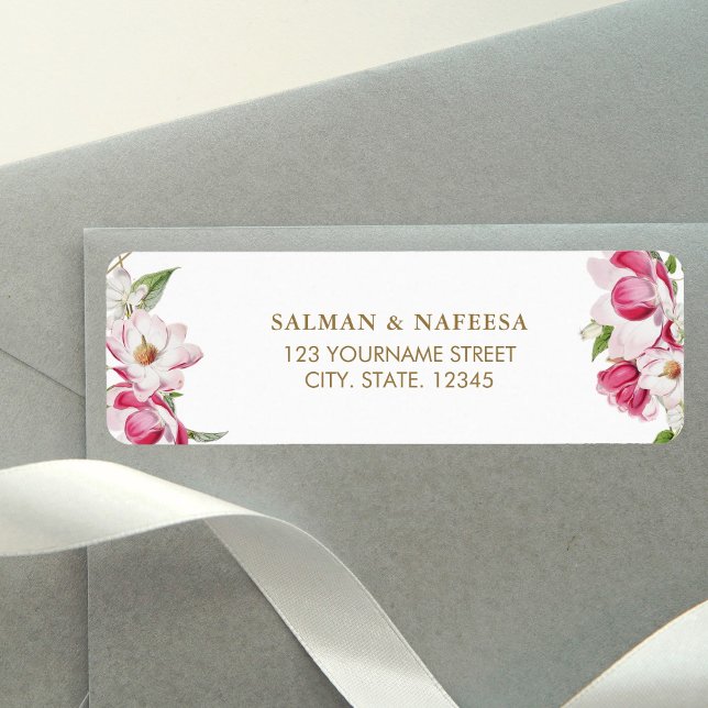 Pink Floral Gold Wedding Return Address Label (Creator Uploaded)