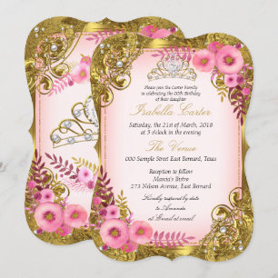 Pink Floral Gold White Pearl Tiara Birthday Party Invitation