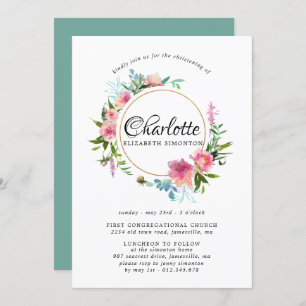Pink Floral &  Gold Wreath Christening Invitations