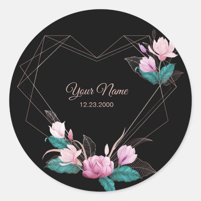 Pink Floral Golden Geometric Elegant Black Party Classic Round Sticker (Front)