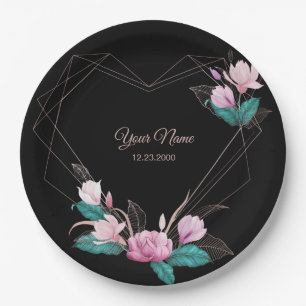 Pink Floral Golden Geometric Elegant Black Party Paper Plate