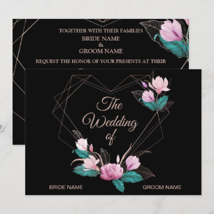 Pink Floral Golden Geometric Elegant Black Wedding Invitation