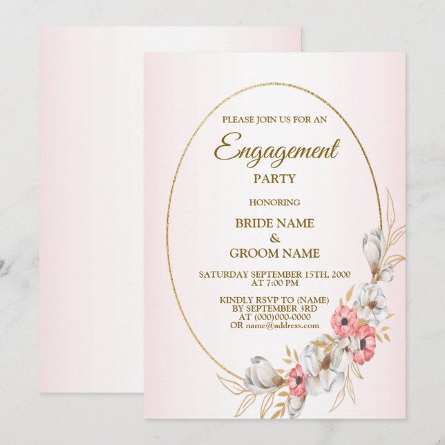 Pink Floral Golden Peach Modern Engagement Party Invitation (Front/Back)