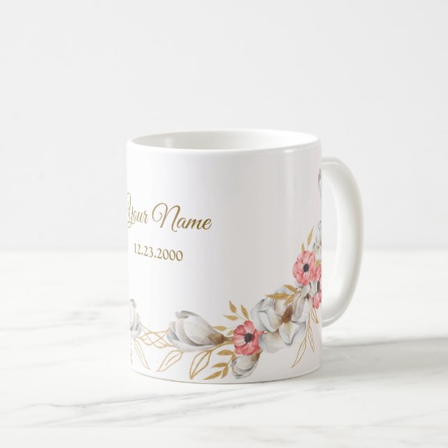 Pink Floral Golden Peach Modern Wedding Gift Coffee Mug (Front Right)
