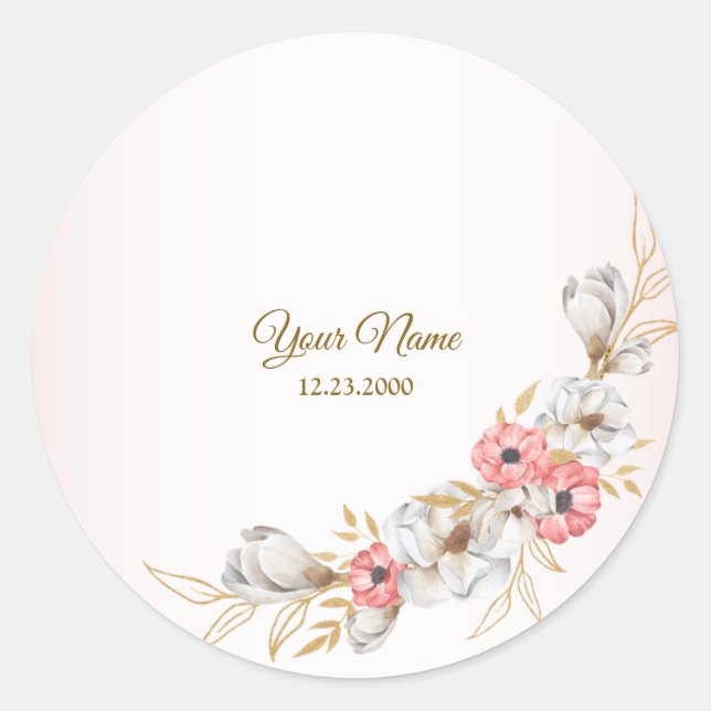 Pink Floral Golden Peach Modern Wedding Party Classic Round Sticker (Front)