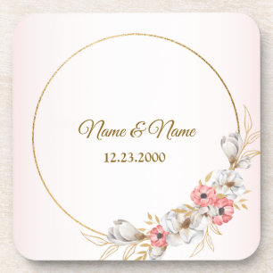 Pink Floral Golden Peach Modern Wedding Party Coaster