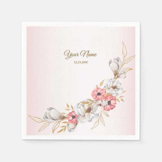 Pink Floral Golden Peach Modern Wedding Party Napkin (Front)