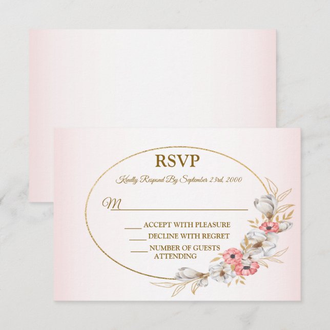 Pink Floral Golden Peach Modern Wedding Party RSVP Card (Front/Back)