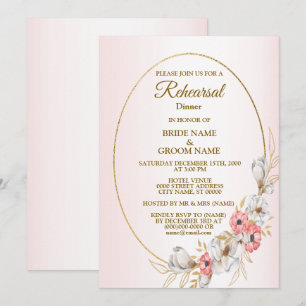 Pink Floral Golden Peach Wedding Rehearsal Dinner Invitation