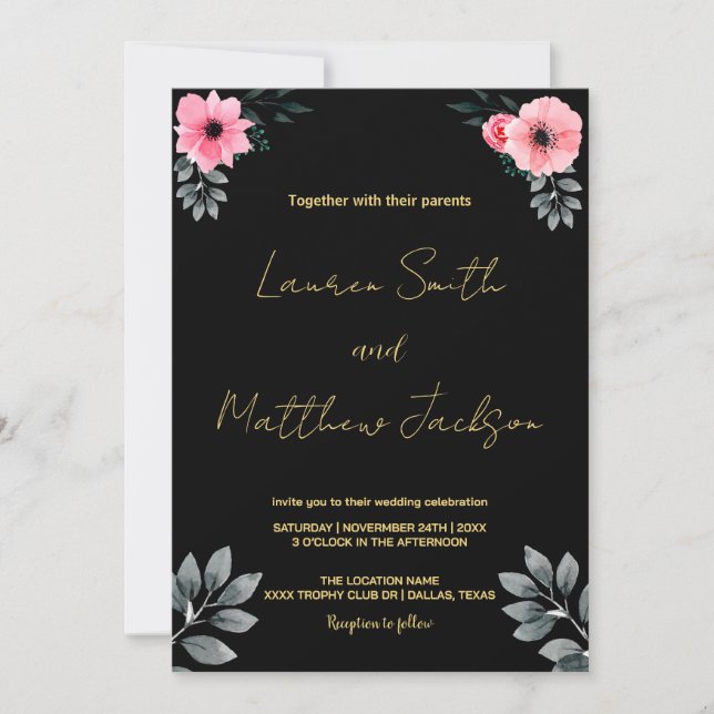 Pink Floral Golden Wedding Invitations (Front)