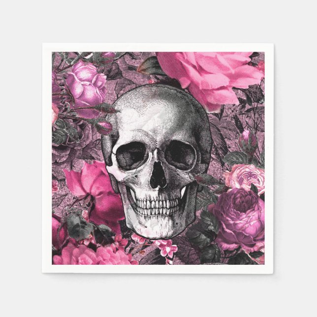 Pink Floral Goth Skull Napkin (Front)