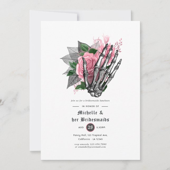 Pink Floral Gothic Skulls Bridesmaids Luncheon Invitation (Front)