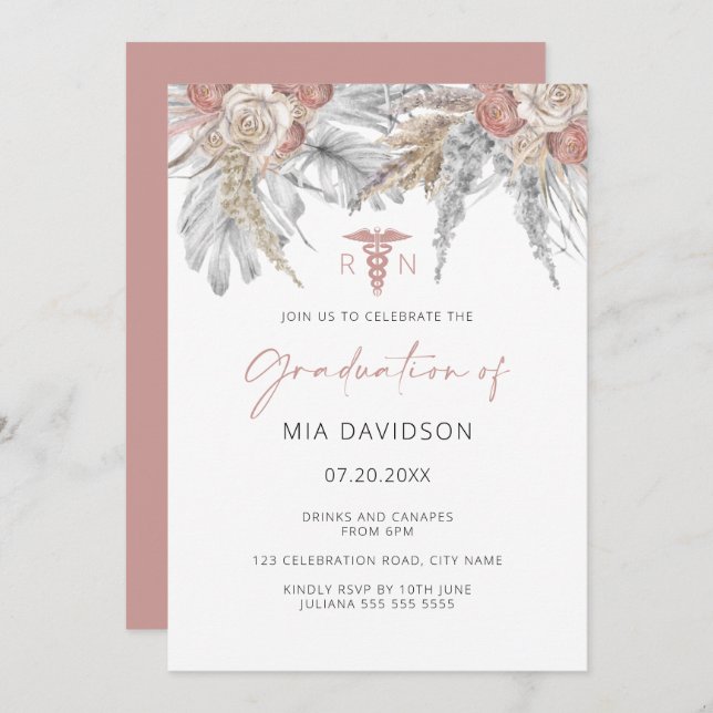 Pink Floral Grad Party Nurse Graduation Invitation (Front/Back)