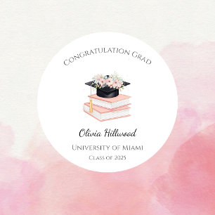 Pink Floral Graduation cap Uni Name  Classic Round Sticker