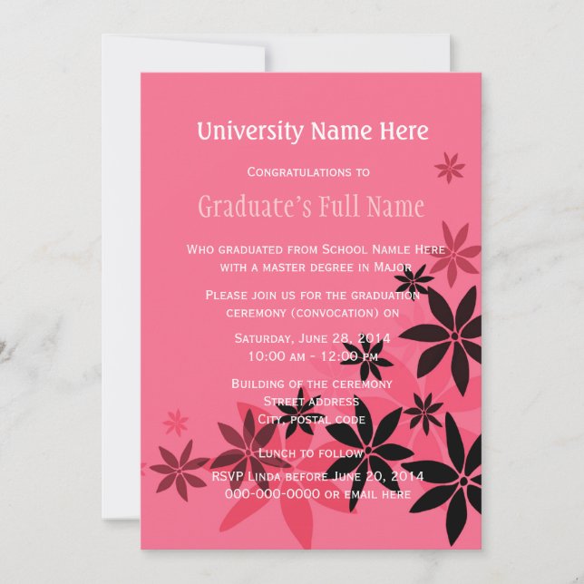 Pink floral graduation ceremony (convocation) invitation (Front)