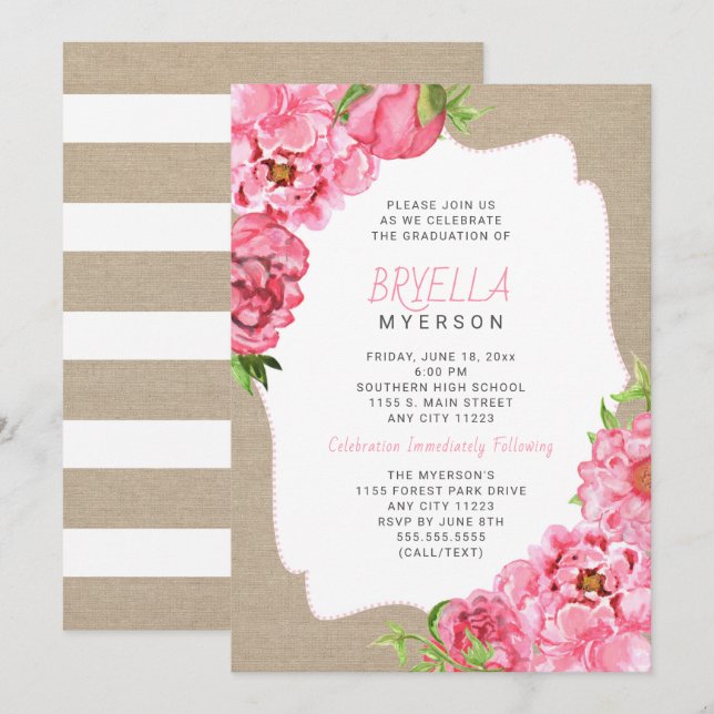Pink Floral Graduation ceremony party invitations (Front/Back)