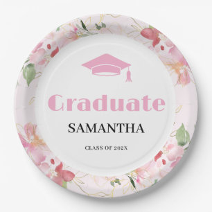 Pink Floral Graduation Paper Plate