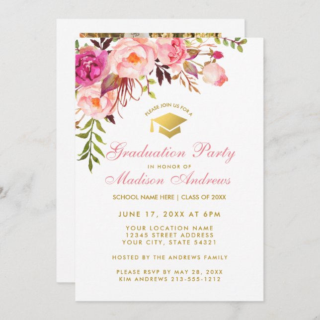 Pink Floral Graduation Party Invite - Photo Back (Front/Back)