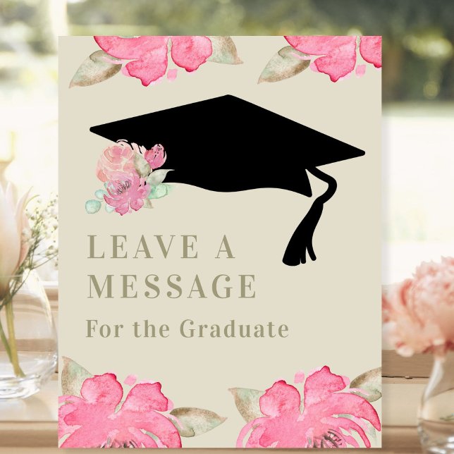 Pink Floral Graduation Party Leave a Message Pedestal Sign (Creator Uploaded)