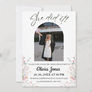 Pink Floral Graduation Party Photo Invitation
