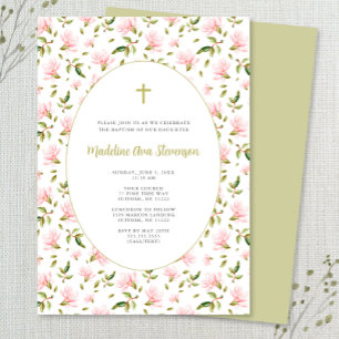 Pink Floral Grandmillenial girl baptism invitation