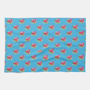 Pink Floral Graphic Pattern Blue Background Tea Towel