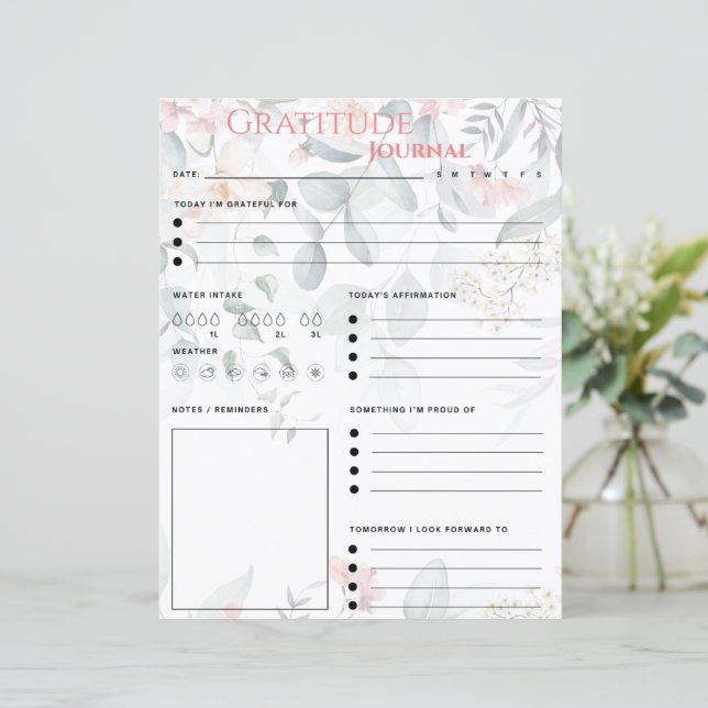 Pink Floral Gratitude Journal Paper Sheet (Standing Front)
