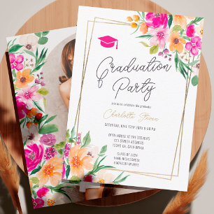 Pink floral green chic gold script graduation invitation