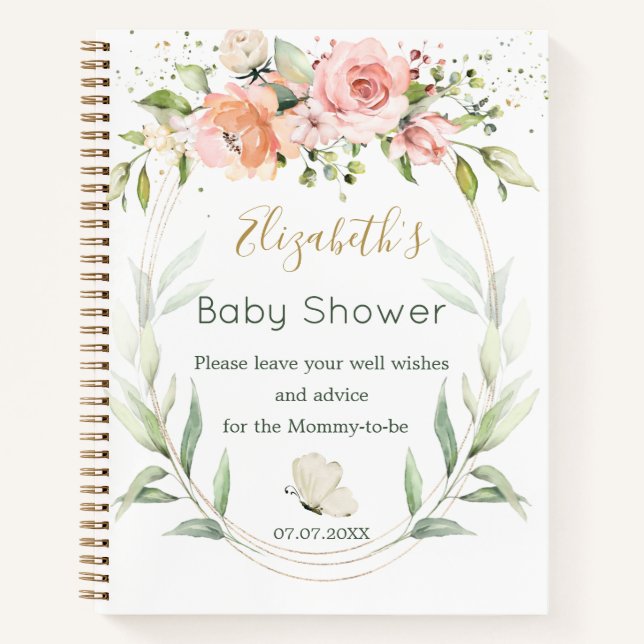 Pink Floral Green Foliage Baby Shower Notebook (Front)
