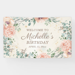 Pink Floral Green Foliage Gold Glitter Birthday  Banner