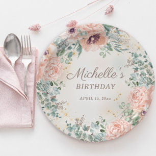 Pink Floral Green Foliage Gold Glitter Birthday Paper Plate