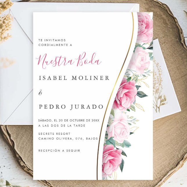 Pink Floral Green Foliage Nuestra Boda Wedding Invitation (Creator Uploaded)
