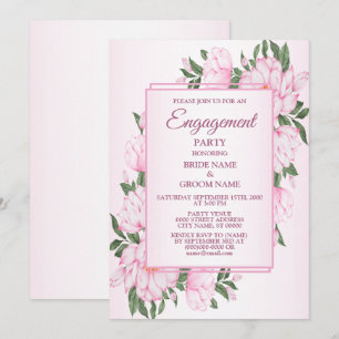 Pink Floral Green Leaves Elegant Engagement Party Invitation
