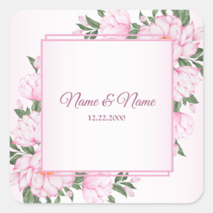 Pink Floral Green Leaves Elegant Wedding Party Square Sticker