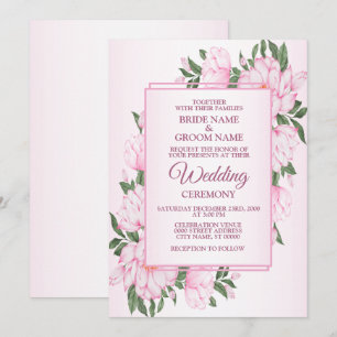 Pink Floral Green Leaves Frame Elegant Wedding Invitation