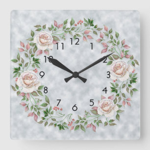 Pink Floral Green Leaves on Light Blue Wall Clock