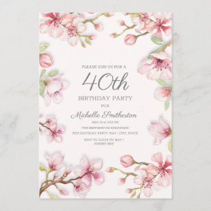 Pink Floral Green Leaves Women's 40th Birthday Invitation