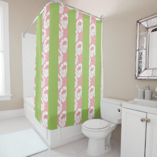 Pink Floral, Green Stripes Shower Curtain