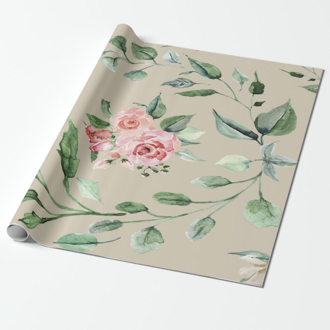Pink Floral & Green Wrapping Paper (Unrolled)