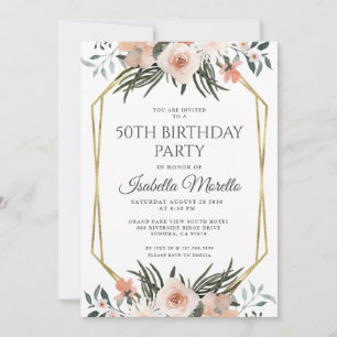 Pink Floral Greenery 50th Birthday Invitation