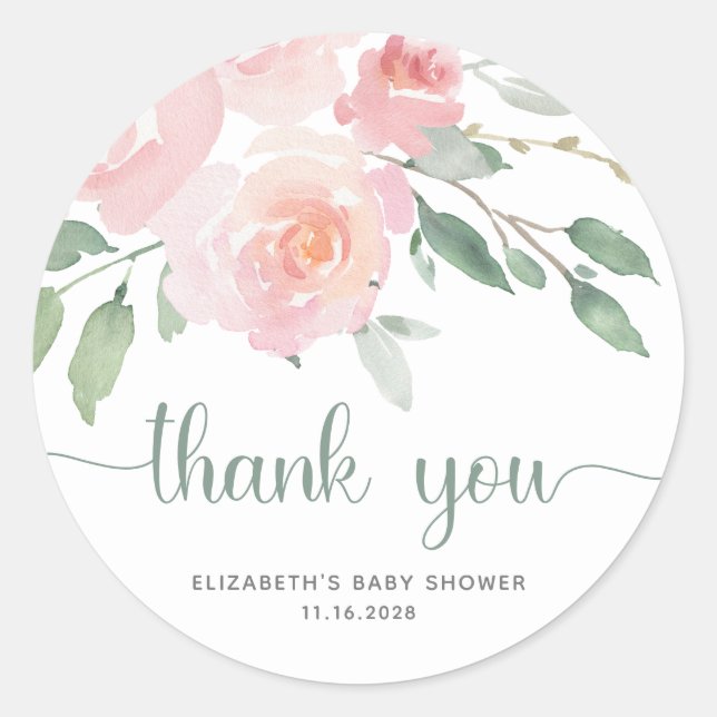 Pink Floral Greenery Baby Shower Thank You Classic Round Sticker (Front)