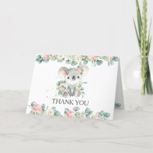 Pink Floral Greenery Cute Koala Girl Baby Shower  Thank You Card