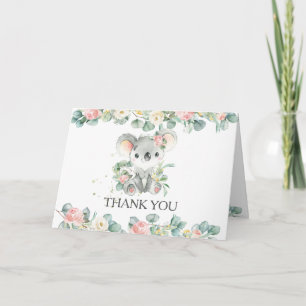 Pink Floral Greenery Cute Koala Girl Baby Shower  Thank You Card