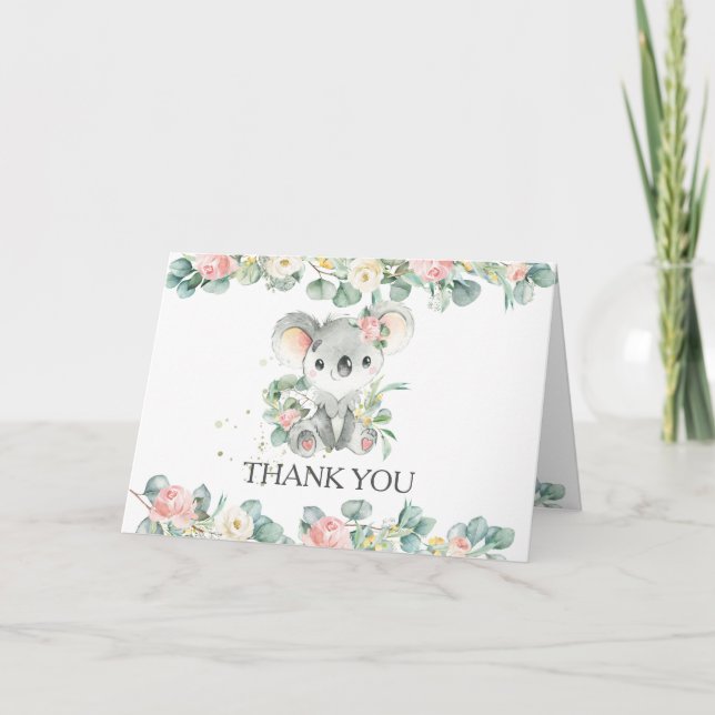 Pink Floral Greenery Cute Koala Girl Baby Shower  Thank You Card (Front)