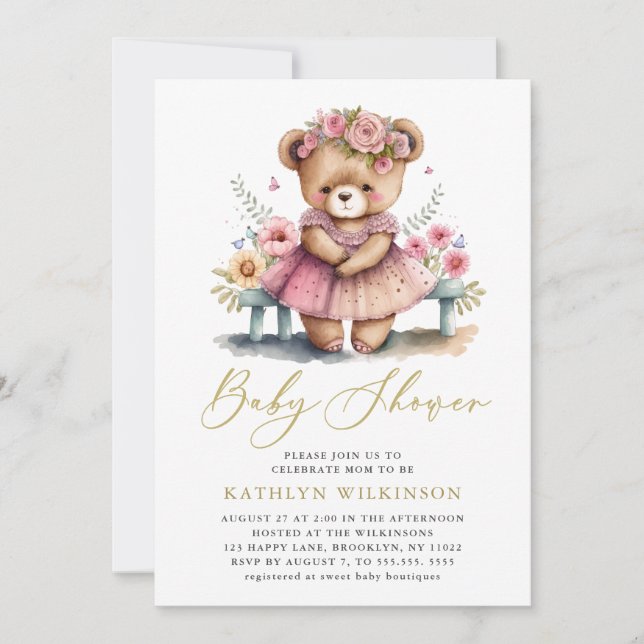 Pink Floral Greenery Elegant Script Baby Shower Invitation (Front)